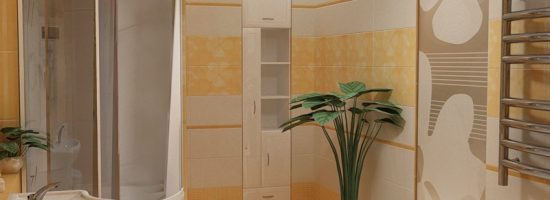 Ванная с душевой кабиной, раковиной и вертикальным шкафом белого цвета