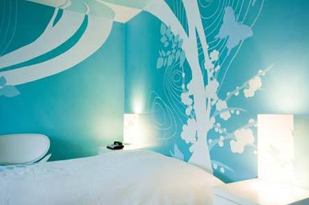 Дизайн голубых фото обоев в спальни