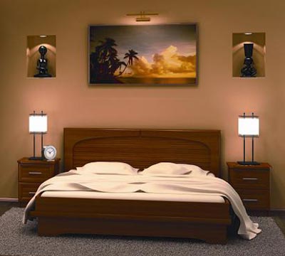 Дизайн спальни с мебелью покрытой шпоном